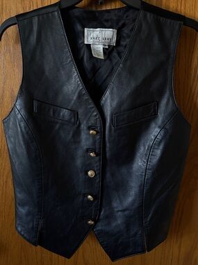 Vintage Erez Levy Black Leather Vest V Neck Goldtone Buttons Women's Size Medium